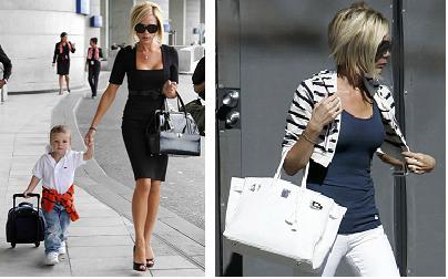 Victoria Beckham cu o geanta Giambatista Valli si o geanta Birkin Hermes