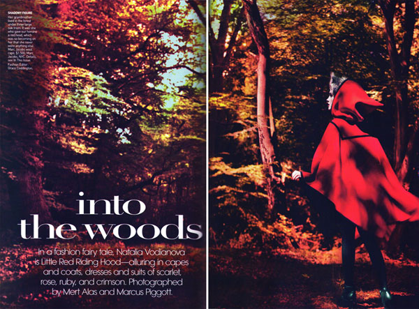 Into the woods - Natalia Vodianova pe post de Scufita Rosie pentru Vogue US, septembrie 2009